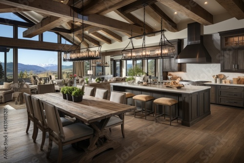 Sunrise unveils an exquisite dining room and kitchen in a newly built luxurious home. The house is adorned with a captivating wood beam ceiling, elegantly furnished interior, pendant light fixtures, a © 2rogan