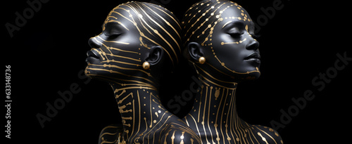 Fashionable female portrait with golden make-up on the girl's face, dark and white skin make-up, close-up of eyes and lips. Modern art of modeling business. Created with AI