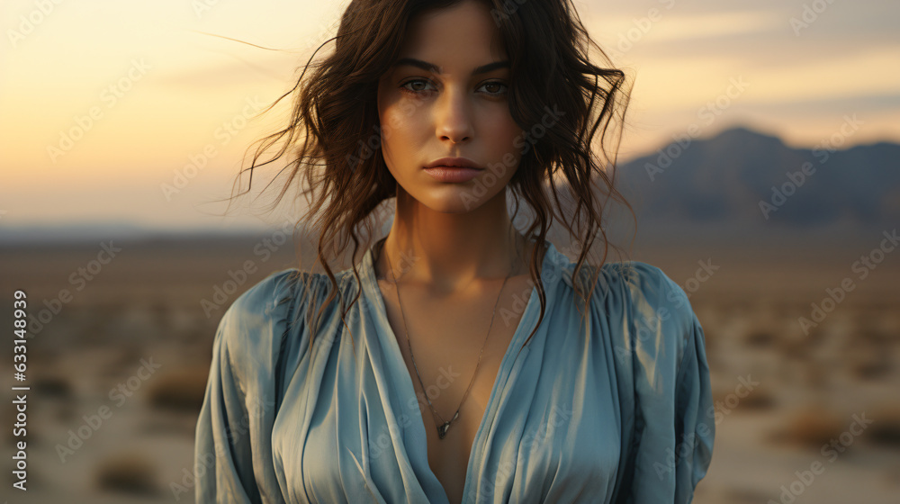 female model in her late 20s in a desert at a fotoshooting