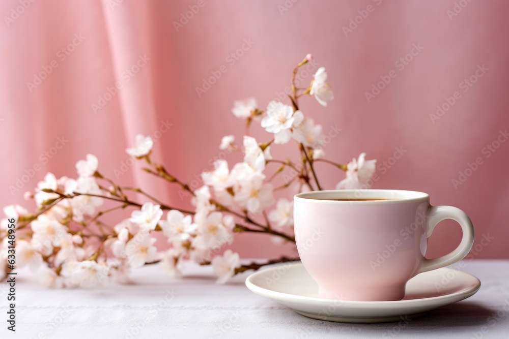 tranquil morning sip in a pink cup with white blossom, Generative AI tranquil morning sip in a pink cup with white blossom, Generative AI