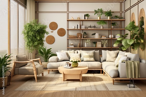 A modern home decor template featuring an interior design of a living room with a chic modular beige sofa, accompanied by wooden coffee tables, green plants, cozy pillows, and a plaid pattern. The