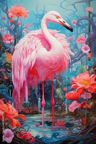 intricate psychedelic landscapes, hyper-realistic bird studies, pink, blue and cyan, cyberpunk © Svetlana