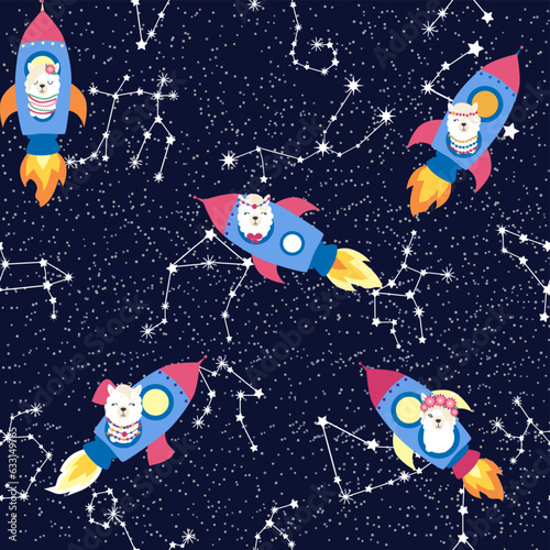 Seamless pattern with lama in a rocket, in space. Lama travels, adventures among the stars. Cute pattern with alpaca