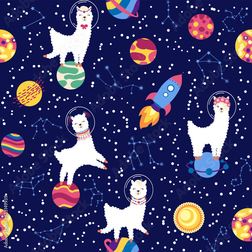 Seamless pattern with lama in a rocket, in space. Lama travels, adventures among the stars. Cute pattern with alpaca