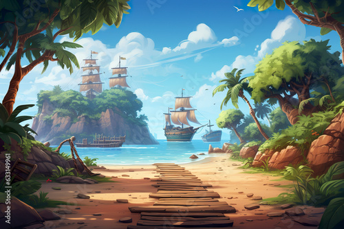Fényképezés Background environment of 2D abstract tropical pirate ship deck for adventure or battle mobile game