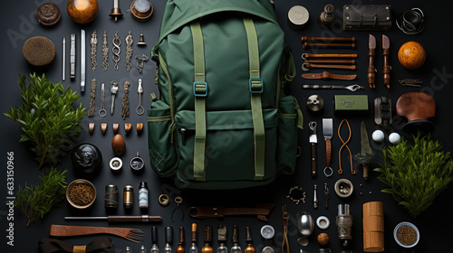 A green backpack is surrounded by various tools. Outdoor and adventure clothing brand, various items, knolling, top view, flat lay overhead. photo