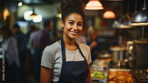 AI generated concept of a female, black cook in a restaurant kitchen, smiling