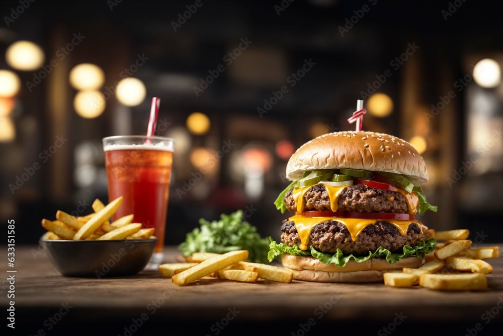 Hamburger, cola and fries Hamburger, cola and fries