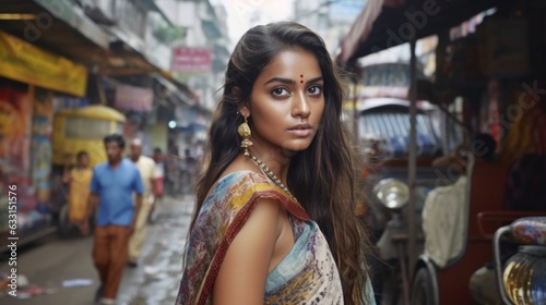 Professional Portrait of a beautiful young Indian woman with long hair posing for the camera in the streets of Mumbai