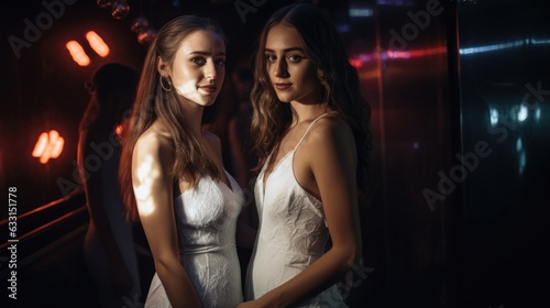 Two beautiful young women as best friends in a club.