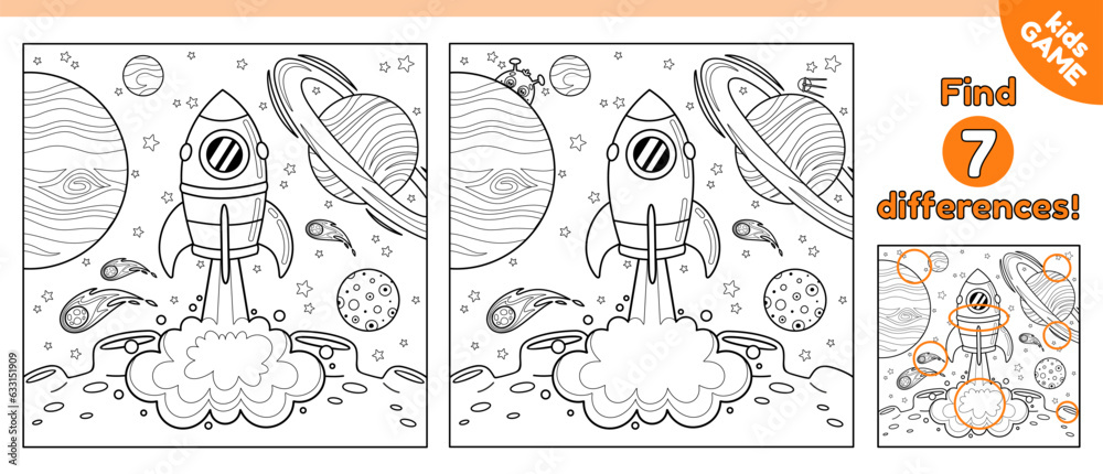 Kids game. Find differences and color picture. Coloring page on space theme. Cartoon space rocket launch. Spaceship takes off from the surface of the moon. Puzzle for children. Vector outline design.