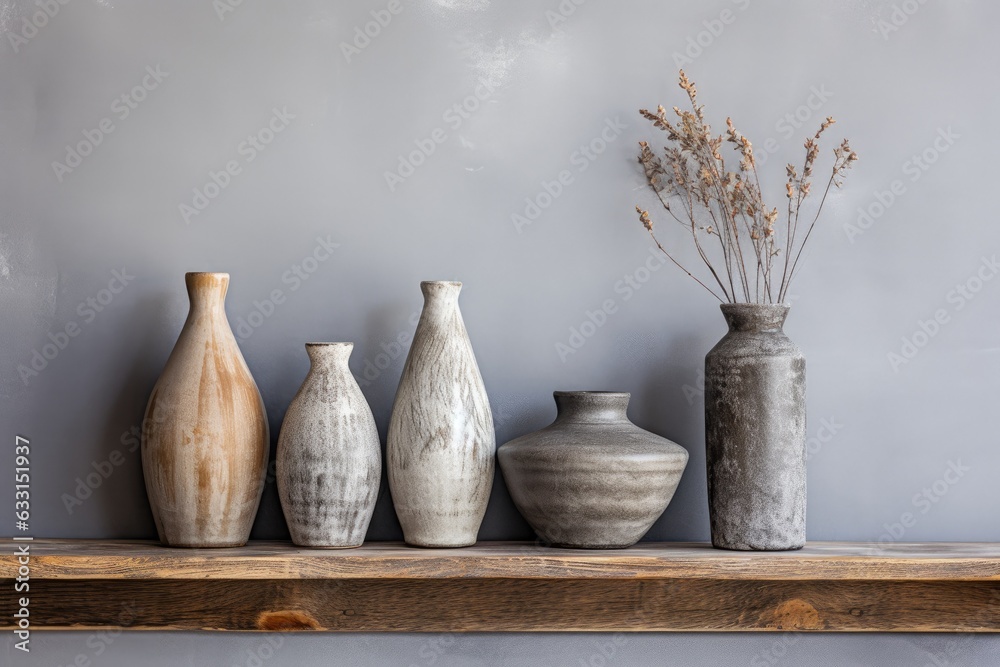 Home decoration featuring neutral colored vases placed on a weathered wooden shelf, set against a textured gray plaster wall.