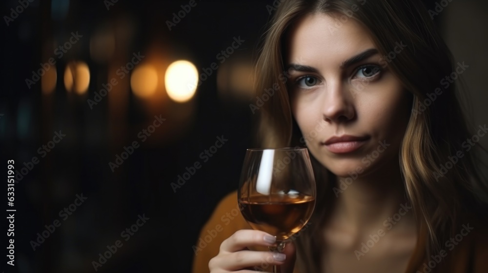 Beautiful young woman with glass of cognac , close-up portrait