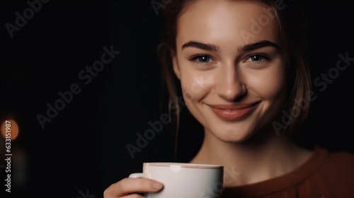 Beautiful young woman with cup of coffee, close-up portrait