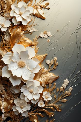 Serene beige textured background with gold swirl and white flower border. AI generative