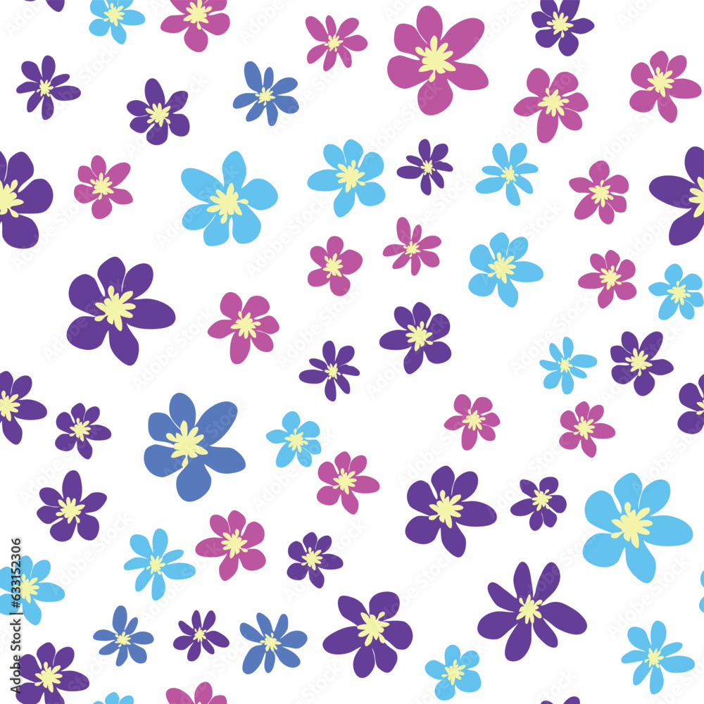 Floral seamless pattern with pink, lavender, blue, purple chamomile flower and leaves. Childish, feminine, gentle