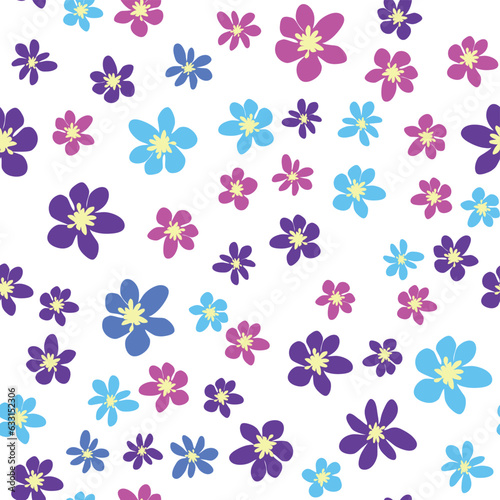 Floral seamless pattern with pink  lavender  blue  purple chamomile flower and leaves. Childish  feminine  gentle