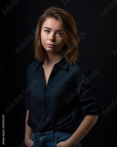 Portrait of beautiful young woman on dark background. Studio shot.