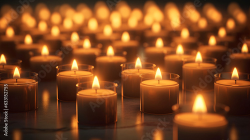 Lit candles in a grid-like pattern, in small transparent-colored containers, with bright orange flames, in a dark and out-of-focus background. 