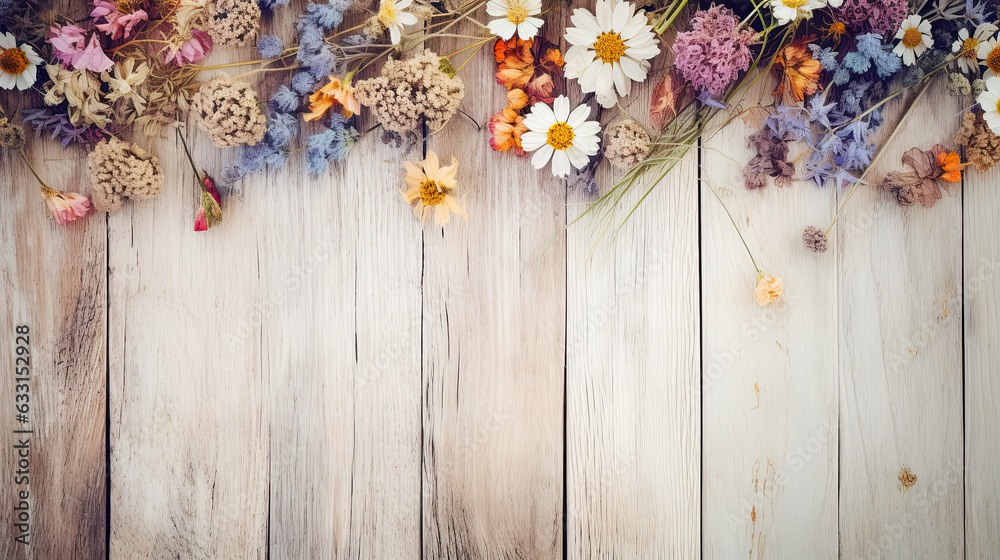 Autumn Dried Flowers on Retro Wooden Texture Top View Mock Up