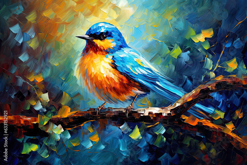 Blue Orange Bird Sitting on Spring Branch Acrylic Painting. Canvas Texture, Brush Strokes.