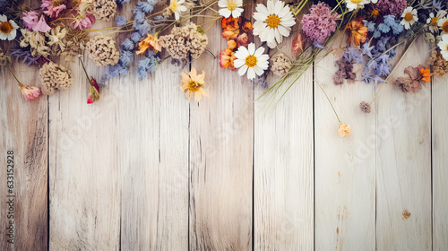 Autumn Dried Flowers on Retro Wooden Texture Top View Mock Up