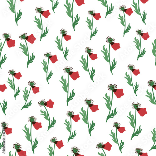 Summer seamless pattern with bright red poppy flowers and poppy pods. Field  meadow of poppies