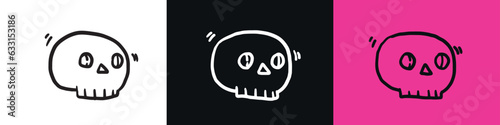 Handdrawn vector set of doodle skulls on pink, black and white backgrounds. Line art sticker for Halloween. Icon for Mexican holiday Death Day. Emo subculture. Graffiti print for t-shirt. Cartoon face