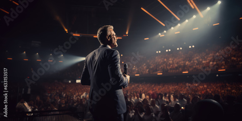Speaker performing on stage with spotlight talking to many people in audience, event professional.
