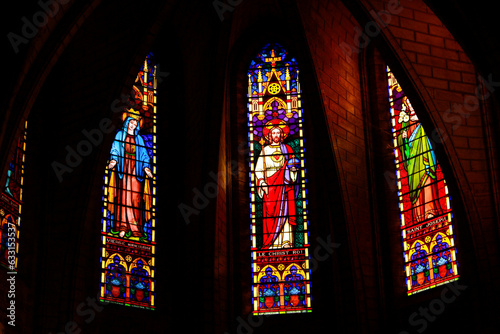 Stained glass windows in Nha Tho Nui cathedral, Nha Trang. Vietnam