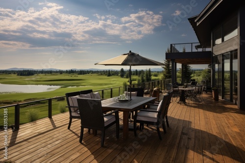 Gorgeous spacious cabin residence featuring a large wooden deck complete with chairs and a table  offering stunning views of the adjacent golf course.
