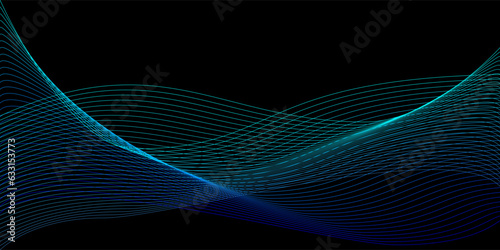Glowing blue green waves on black background for presentation and design on the topic of computer science, technology, big data