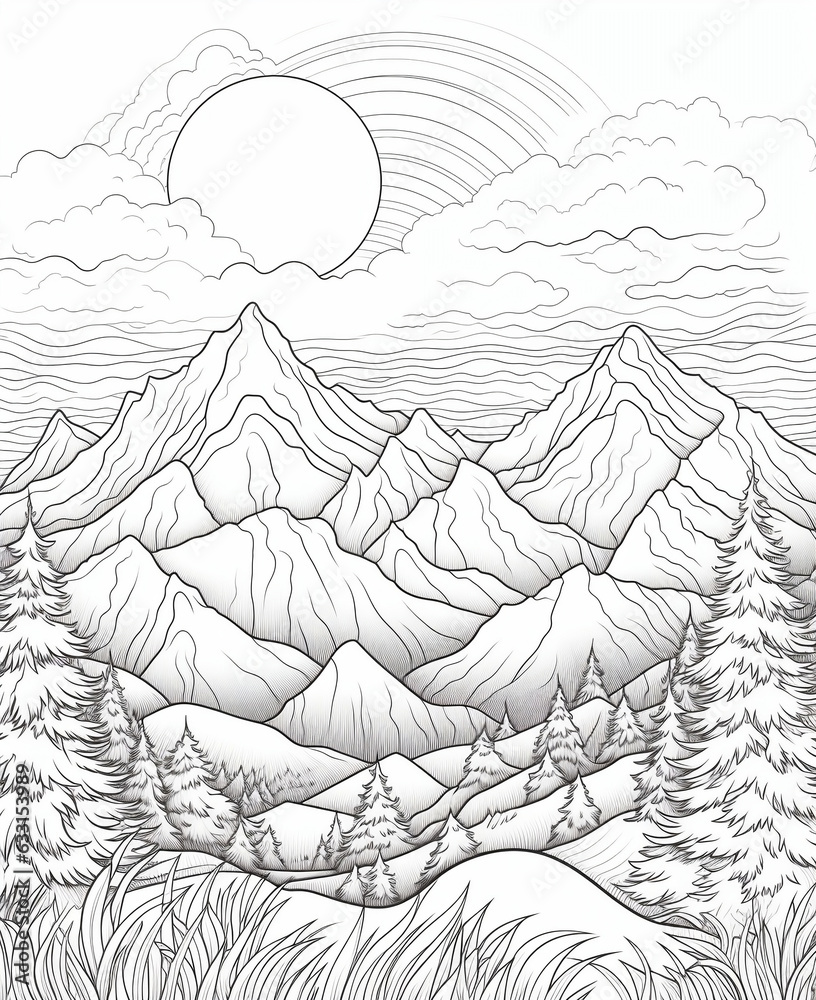 Nature mountains colouring book for kids black and white