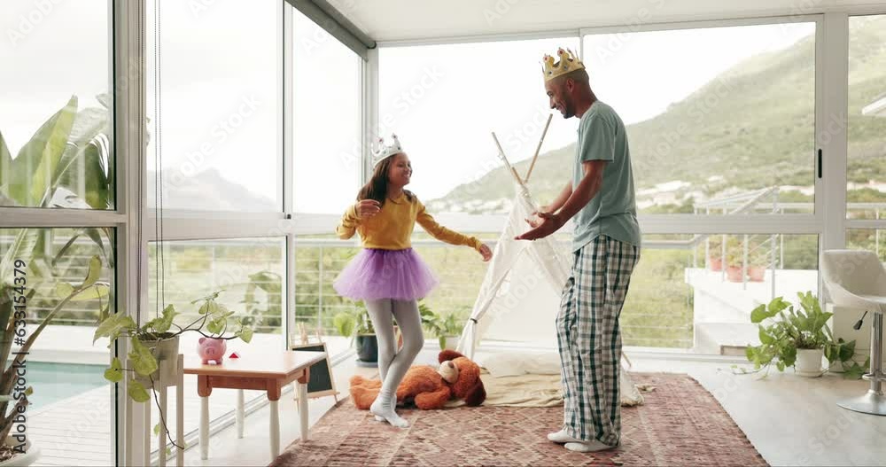 Fantasy, dance and a dad with his daughter for fun while playing together as king and princess in their home. Love, family or kids with a father and happy young female child bonding in a house Fantasy, dance and a dad with his daughter for fun while playing together as king and princess in their home. Love, family or kids with a father and happy young female child bonding in a house
