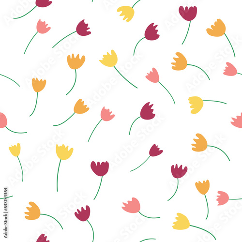 Seamless floral pattern with colorful tulip flowers  leaves and petals. Retro from the 1970s