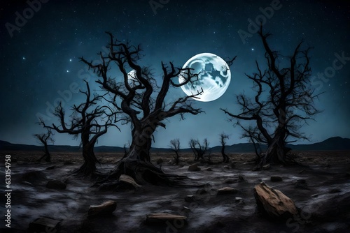 Dead trees at night in rocky field in front of huge moon