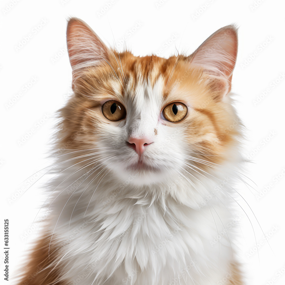 Visibly Sad Turkish Van Cat with Isolated White Background