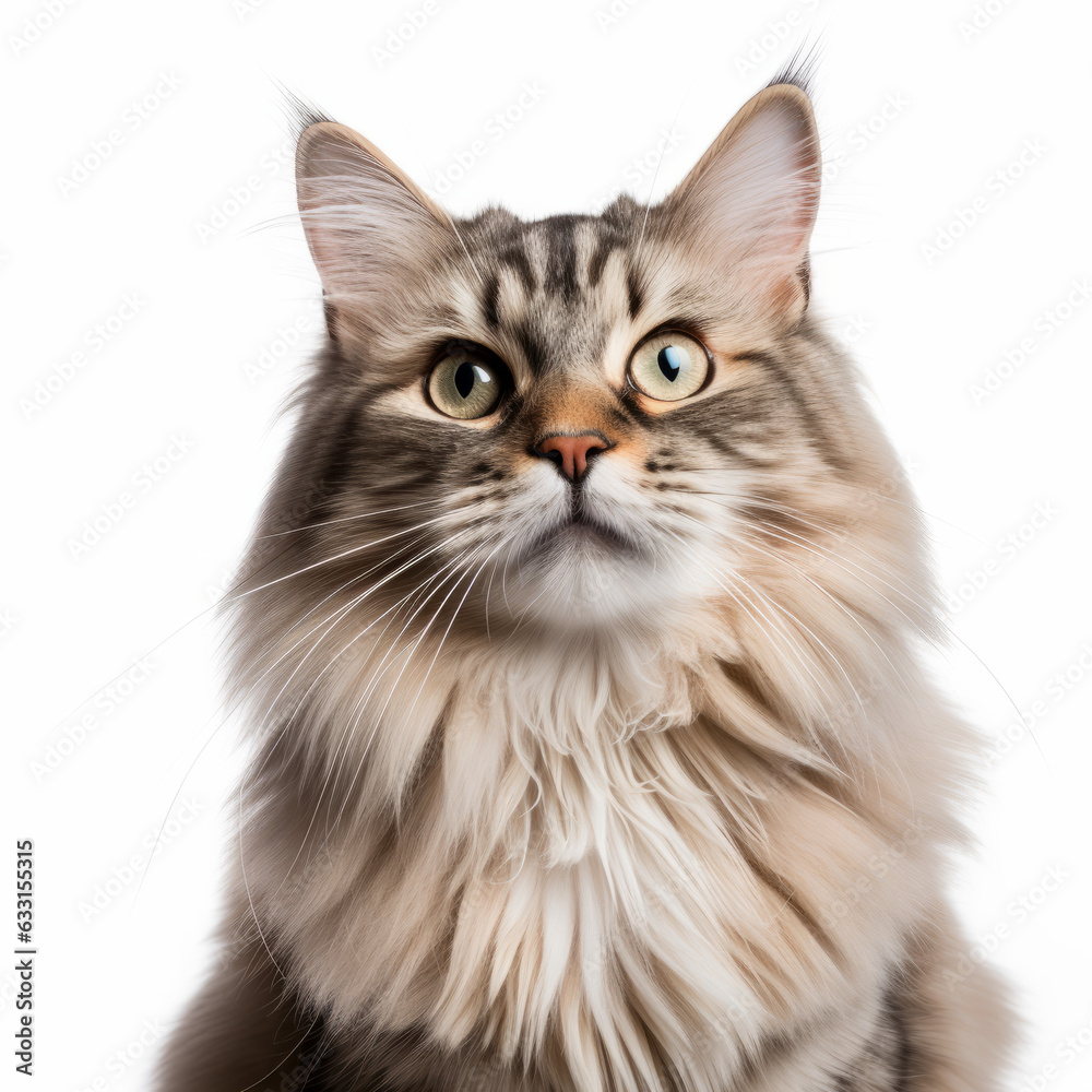 Smiling Siberian Cat with White Background - Isolated Portrait Image
