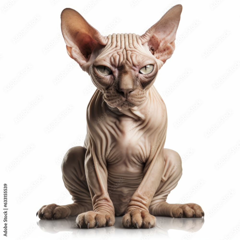 Isolated Sphynx Cat with Visibly Sad Expression on White Background