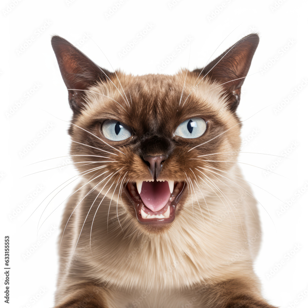 Angry Tonkinese Cat Hissing Aggressively on White Background