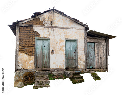Dilapidated clay barn used for farming tools and animals. Old, vintage, abandoned bamboo and clay house on the mountain. isolated on white background