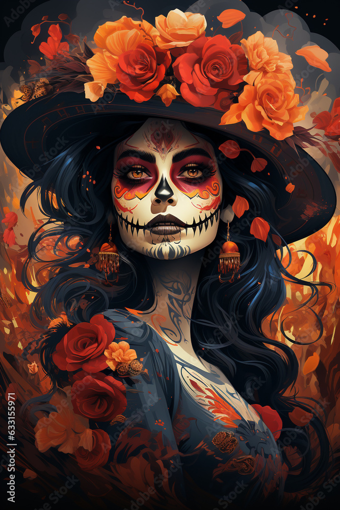 La Catrina dia de muertos Figur mit Maske / Make-up. Dekoriert mit Blumen. Tag der Toten in Mexico. Hochkant. Hochformat. Generative Ai. La Catrina dia de muertos Figur mit Maske / Make-up. Dekoriert mit Blumen. Tag der Toten in Mexico. Hochkant. Hochformat. Generative Ai.