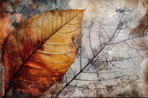 Generative AI illustration of top view of autumn background consisting of brown leaf placed on multicolored paper