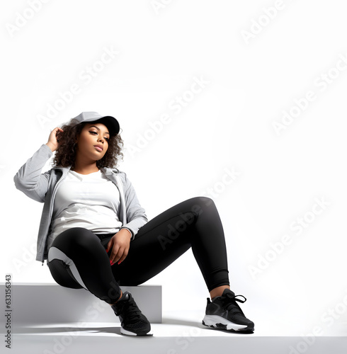 A diverse and curvy woman embodies the essence of holistic well-being as she relaxes after a fulfilling workout. Isolated against a white background