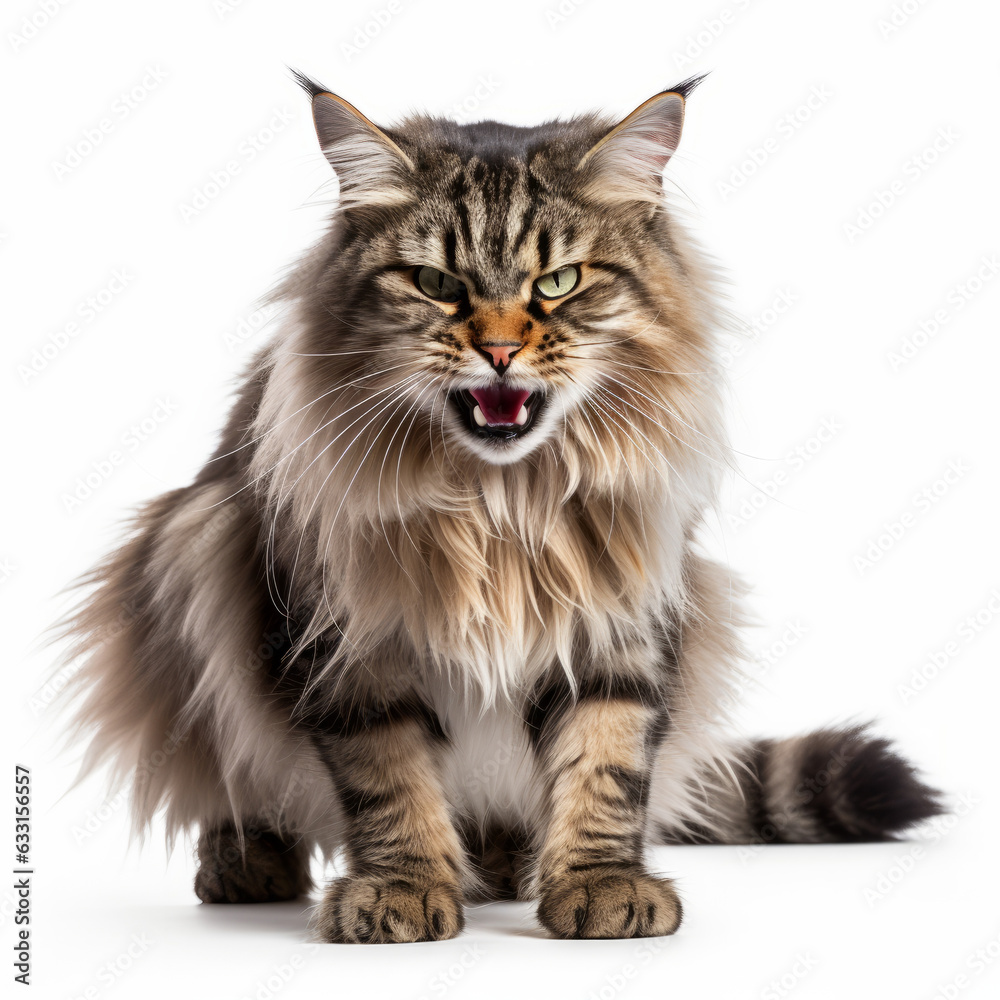 Angry Norwegian Forest Cat Hissing Aggressively on White Background