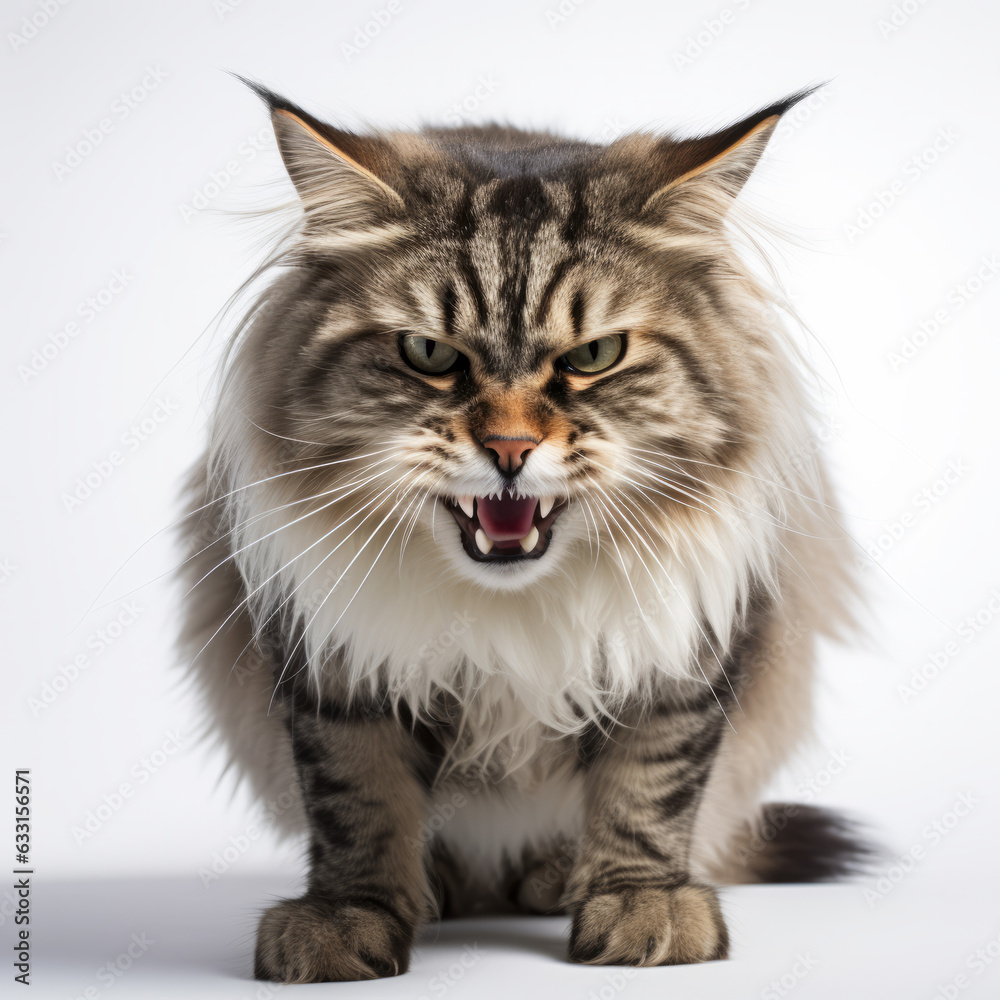 Angry Norwegian Forest Cat Hissing Aggressively on White Isolated Background