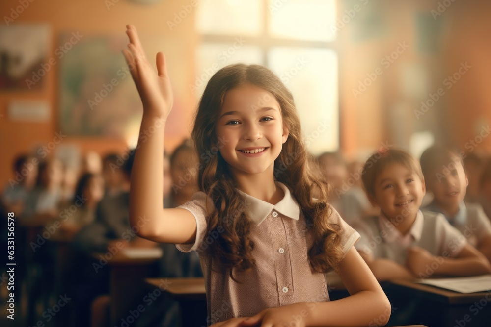 Little girl sitting in classroom and raising hand Little girl sitting in classroom and raising hand