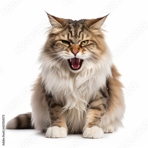Angry Norwegian Forest Cat Hissing Aggressively on White Background