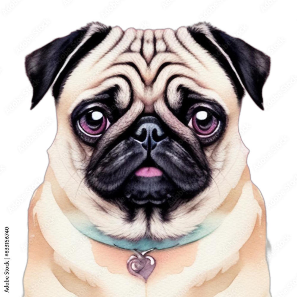 cute pug watercolor illustration, pug illustration, isolated, generative ai, watercolor pug for design