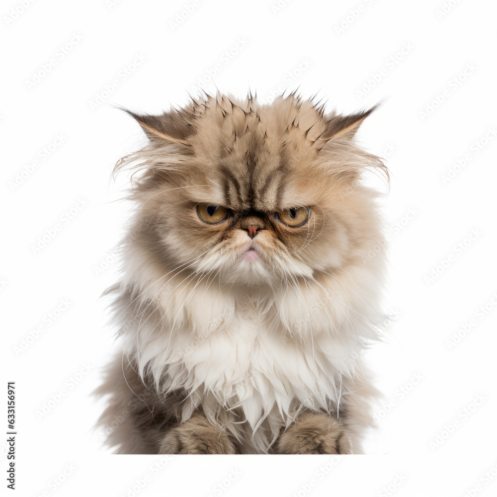 Visibly Sad Persian Cat with Ears Down on White Background - Isolated Image